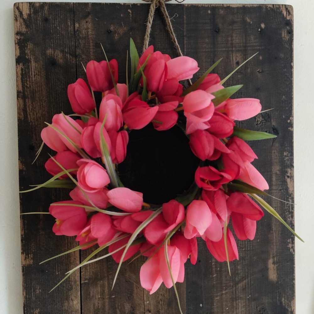 Artificial Tulip Pink Red mini Wreath 12" Diameter Farmhouse Decor Candle Ring